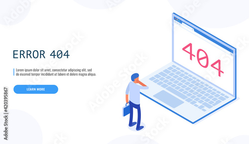 404 Error. Man watching page not found message on laptop display cartoon character. Client service not available. Web banner, infographics. Isometric vector.