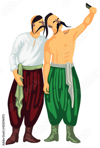 Hand drawing two cossacks taking a selfie photo