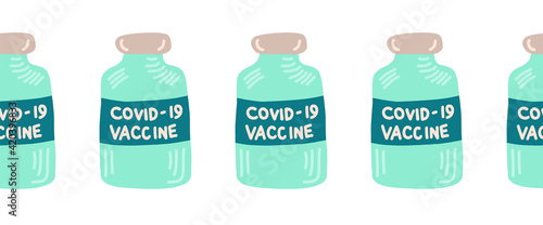 Covid Vaccine bottles seamless vector border. Repeating horizontal pattern Coronavirus vaccination dose hand drawn illustration. Time to vaccinate Stop Covid Prevention immunization Covid-19 pandemic
