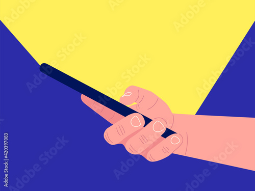 Hand holding black smartphone, touching screen. Yellow light from the smartphone. Mockup for your design. Vector.
