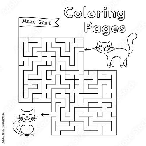 Mommy cat and little kitten maze game. Vector coloring book pages for children