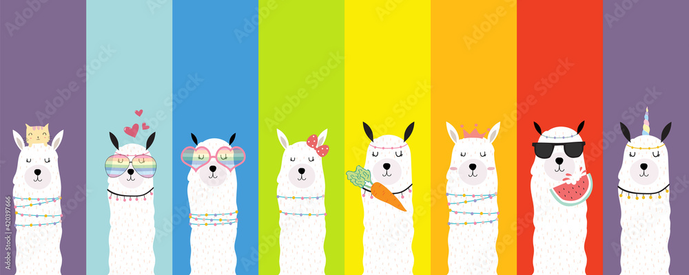 Fototapeta premium Collection of animal background set with llama,rainbow color.Editable vector illustration for birthday invitation,postcard and sticker