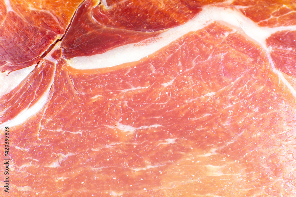 Red meat texture close up photo. Italian prosciutto crudo or jamon. Raw ham. Pork meat background. Red meat texture close up photo. Italian prosciutto crudo or jamon. Raw ham. Pork meat background.