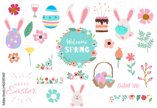 Collection of easter object set with rabbit,egg,flower.Editable vector illustration for website, invitation,postcard and sticker