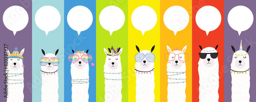 Collection of animal background set with llama,rainbow color.Editable vector illustration for birthday invitation,postcard and sticker