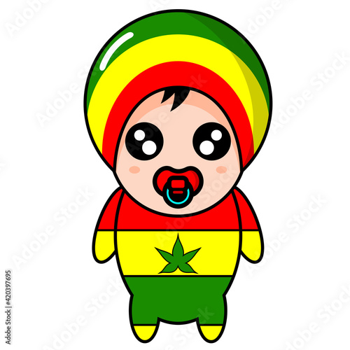 cartoon illustration of cute rasta baby mascot character with rasta hat