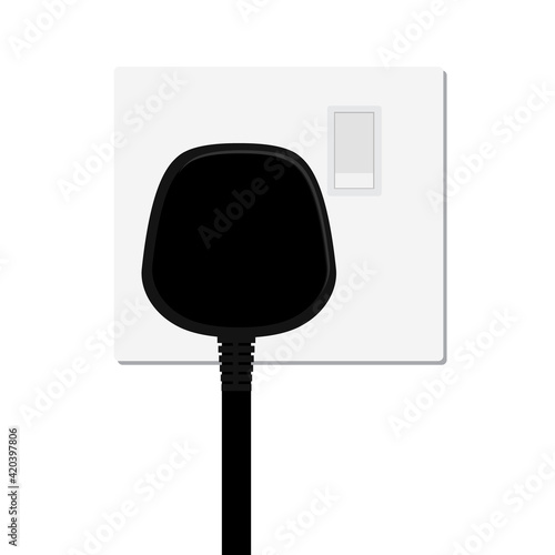 Realistic black plug inserted in electrical outlet power socket, isolated on white background.