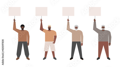 Vector isolated flat illustration. Set with picket and strike of African American guys holding posters with copy space. Young, adult and senior men fight for human rights, justice. Work stoppage