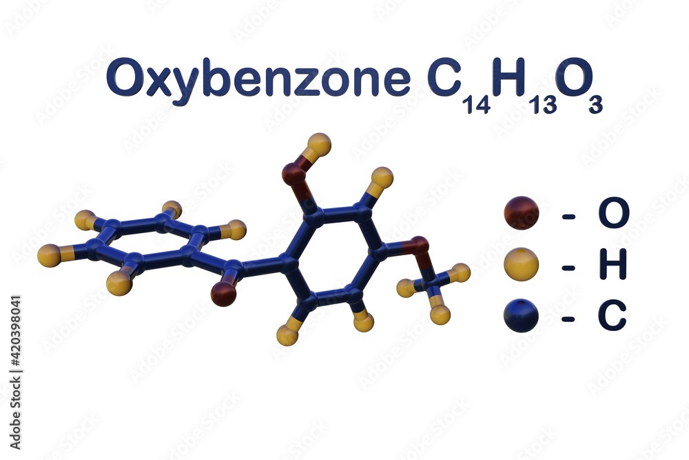 Structural chemical formula and molecular model of oxybenzone or