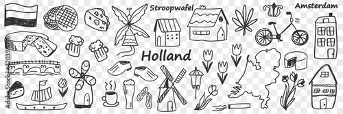 Dutch traditional symbols doodle set. Collection of hand drawn various signs go Holland cheese windmill coffee bike tulip boat beer lamp buildings isolated on transparent background