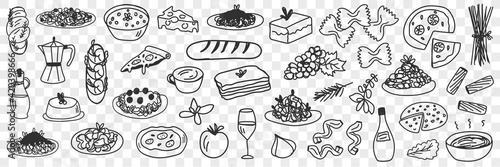 Foods and drinks doodle set. Collection of hand drawn edible and tasty bread cakes fruits pizza soup olive oil and drinks in glass and pot isolated on transparent background
