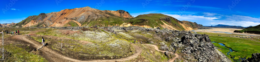LANDMANNALAUGAR, ICELAND - AUGUST 1, 2019: Mountains of the Landmannalaugar, Iceland panoramic view LANDMANNALAUGAR, ICELAND - AUGUST 1, 2019: Mountains of the Landmannalaugar, Iceland panoramic view