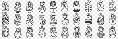 Russian doll matryoshka doodle set. Collection of hand drawn various Russian traditional national doll matryoshka decorated with patterns isolated on transparent background photo