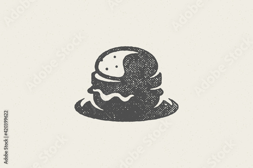 Burger silhouette as logo fast food service hand drawn stamp effect vector illustration.