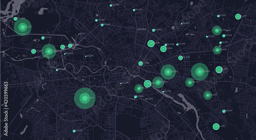 City planning. Urban big data map. Smart city. People activity analysis. Urban clusters hotspots. Megapolis monitoring technology.