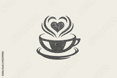 Hot beverage with heart steam as emblem for coffee shop hand drawn stamp effect vector illustration.