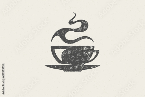 Silhouette cup hot aromatic drink with whiff of steam as coffee house logo hand drawn stamp effect vector illustration.