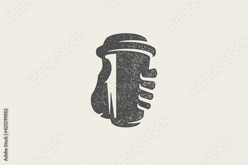 Silhouette of human hand carrying takeaway cup of coffee to go in morning hand drawn stamp effect vector illustration.