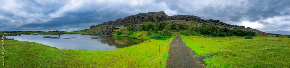 Panoramic view of Thingvellir National Park on a cloudy summer day, Iceland Panoramic view of Thingvellir National Park on a cloudy summer day, Iceland
