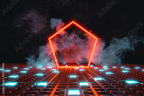 3d rendering of red neon pentagonal shape on shining button floor and surrounded by smoke © Brilliant Eye