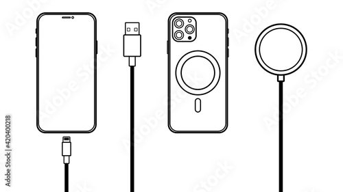 Outline line drawing Front and backside of modern smartphone, Wireless Charger, Cable Charge, USB Cable Smart Device icon Isolate on White Background.