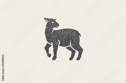 Fotografia, Obraz Lamb silhouette for domestic farm industry hand drawn stamp effect vector illustration