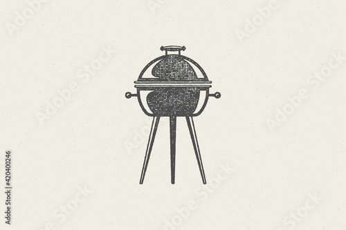 Black grill silhouette as symbol barbecue food preparation hand drawn stamp effect vector illustration.