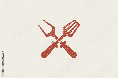 Fork and spatula crossed silhouette as symbol barbecue food preparation hand drawn stamp effect vector illustration.