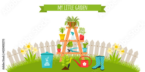 A set of garden tools, a stand for flowers with planters. on the background of the lawn and fence. Fertilizer, seedlings, rubber boots. Horizontal banner. Vector illustration in flat style