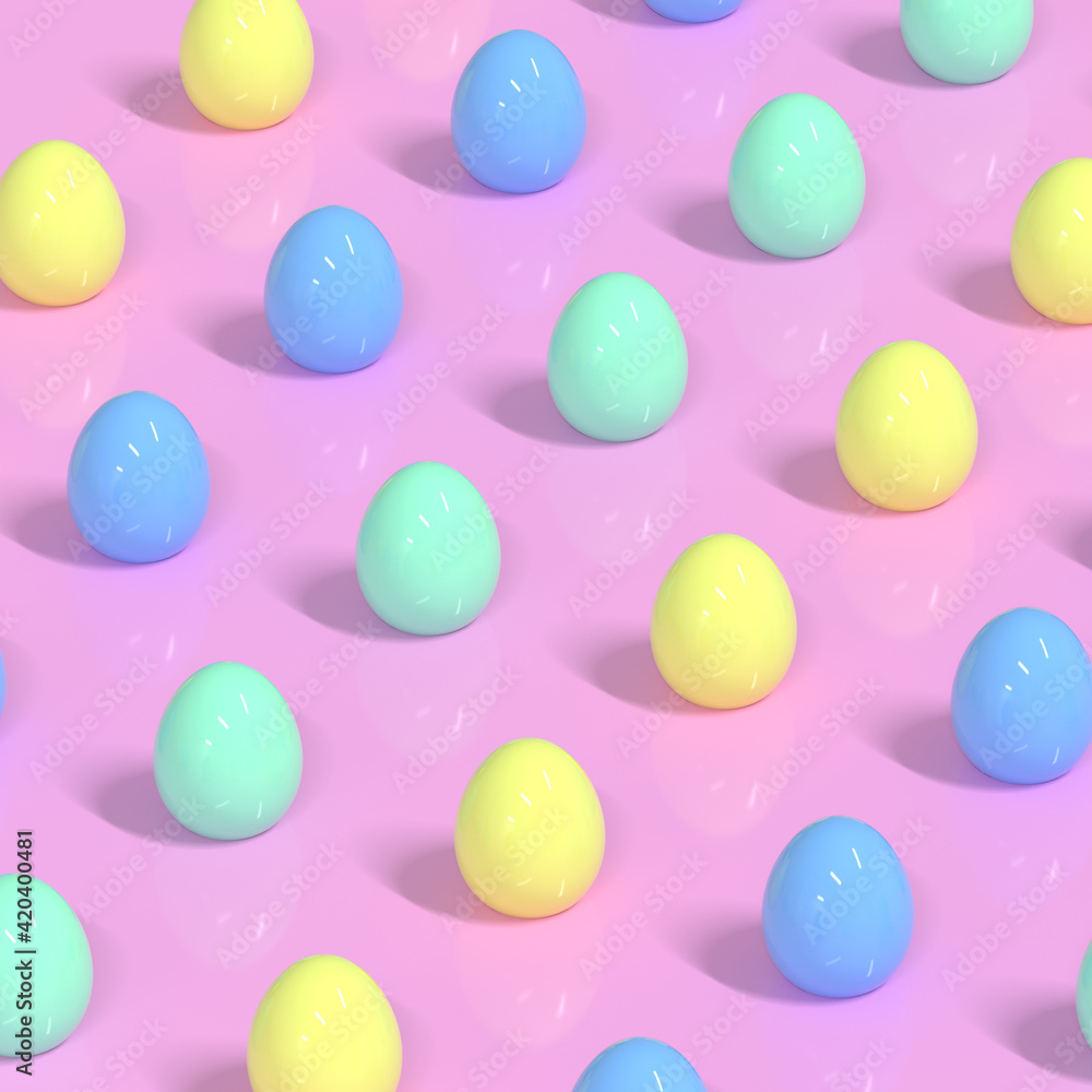 3d render. Easter pattern with bright eggs on pink paper background. Spring holidays season. 3d render. Easter pattern with bright eggs on pink paper background. Spring holidays season.