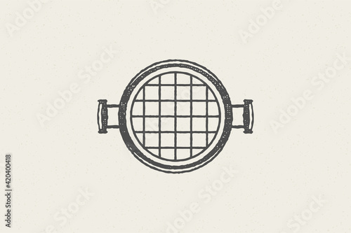 Black grill silhouette as symbol barbecue food preparation hand drawn stamp effect vector illustration.
