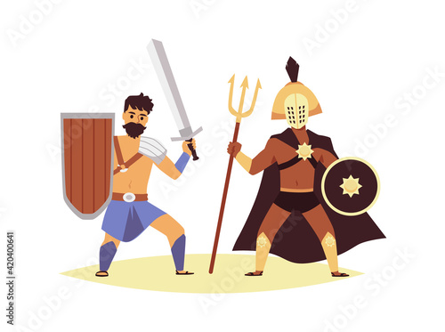 Roman gladiator fight - two men in historic warrior costume fighting