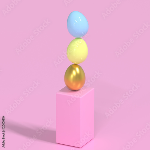 3d render. Easter composition with golden, yellow and blue eggs balancing on high platform on pink background. Spring holidays season