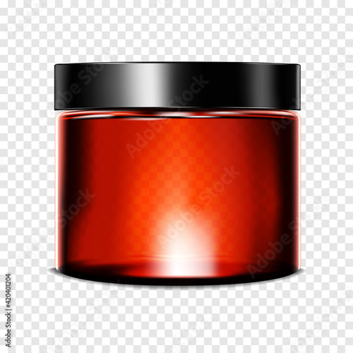 Empty clear cosmetic jar with lid on transparent background, realistic mockup. Round container with screw cap. Beauty product packaging, vector mock-up. Template for design