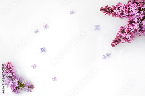 Frame with lilac flowers on white background. Flat lay, top view.