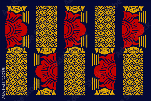 Geometric Indonesian batik motifs with distinctive Balinese floral pattern