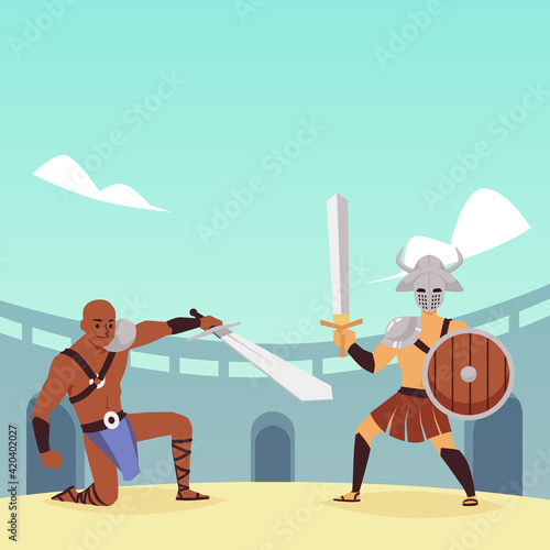 Vector illustration of fight armed legionnaires, gladiators or spartan warriors