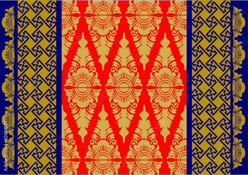 Geometric Indonesian batik motifs with distinctive Balinese floral pattern