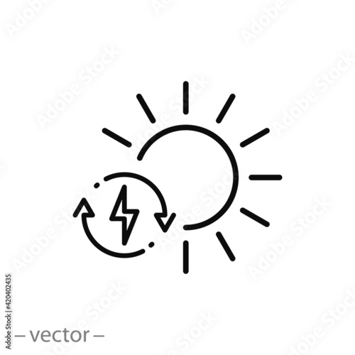 solar energy icon, charge power sun battery, sustainable eco resource, performance electric environment, thin line symbol on white background - editable stroke vector eps10