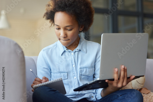 Gain new knowledge. Focused teen schoolgirl holding laptop, making notes during online lesson while sitting on the couch at home