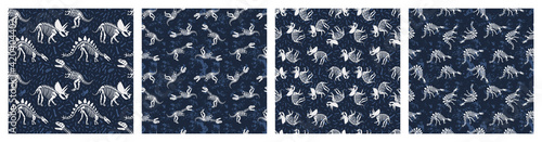 Vector set with dinosaur skeletons seamless pattern. Bright background with dino for kids textile
