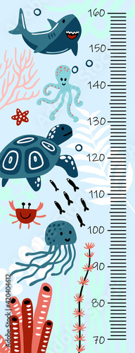 Kids height chart. Vector isolated illustration with seaweed and sea animals.