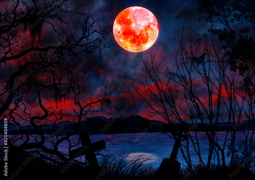 暗い森の夜と赤い満月の風景イラスト Stock Illustration Adobe Stock