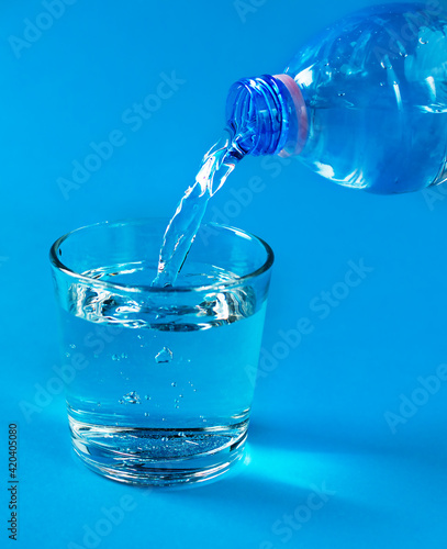 Pouring water from a bottle into a glass in a blue colors design.