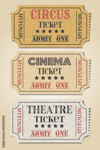 Retro Ticket set icon, vector illustration in the flat style. Ticket stub isolated on a background. Retro cinema or movie, theatre, circus tickets