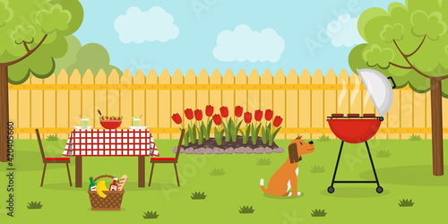Lunch in the backyard with trees and flowerbed. Barbecue in the garden with dog. Outside dinner in a summer house. Vector illustration. Banner.