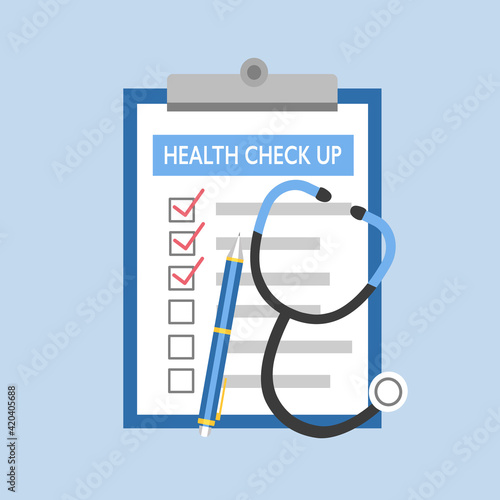 Medical check up report, stethoscope and pen in flat design. Health check up concept vector illustration. © Orapun