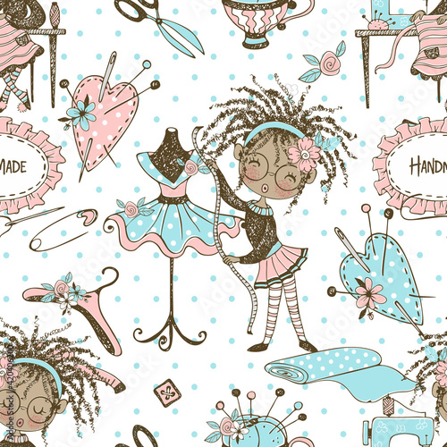 Seamless pattern with cute little black-skinned dressmaker and sewing accessories. Vector.