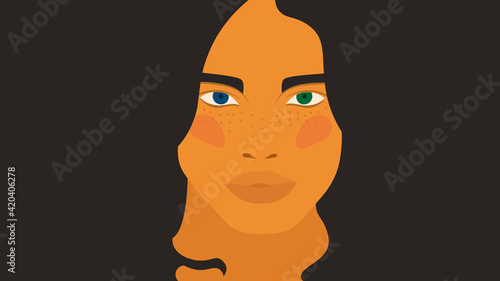 Heterochromia of the eyes. Eyes of different colors - green and blue. Beautiful female face. Vector 16x9 illustration with copy space.