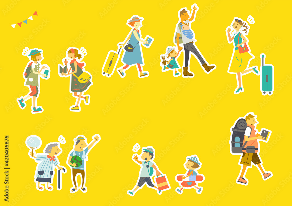 夏の旅行へ向かウキウキがあふれる笑顔の人々のイラストセット フレーム Stock Illustration Adobe Stock 夏の旅行へ向かウキウキがあふれる笑顔の人々のイラストセット フレーム Stock Illustration Adobe Stock